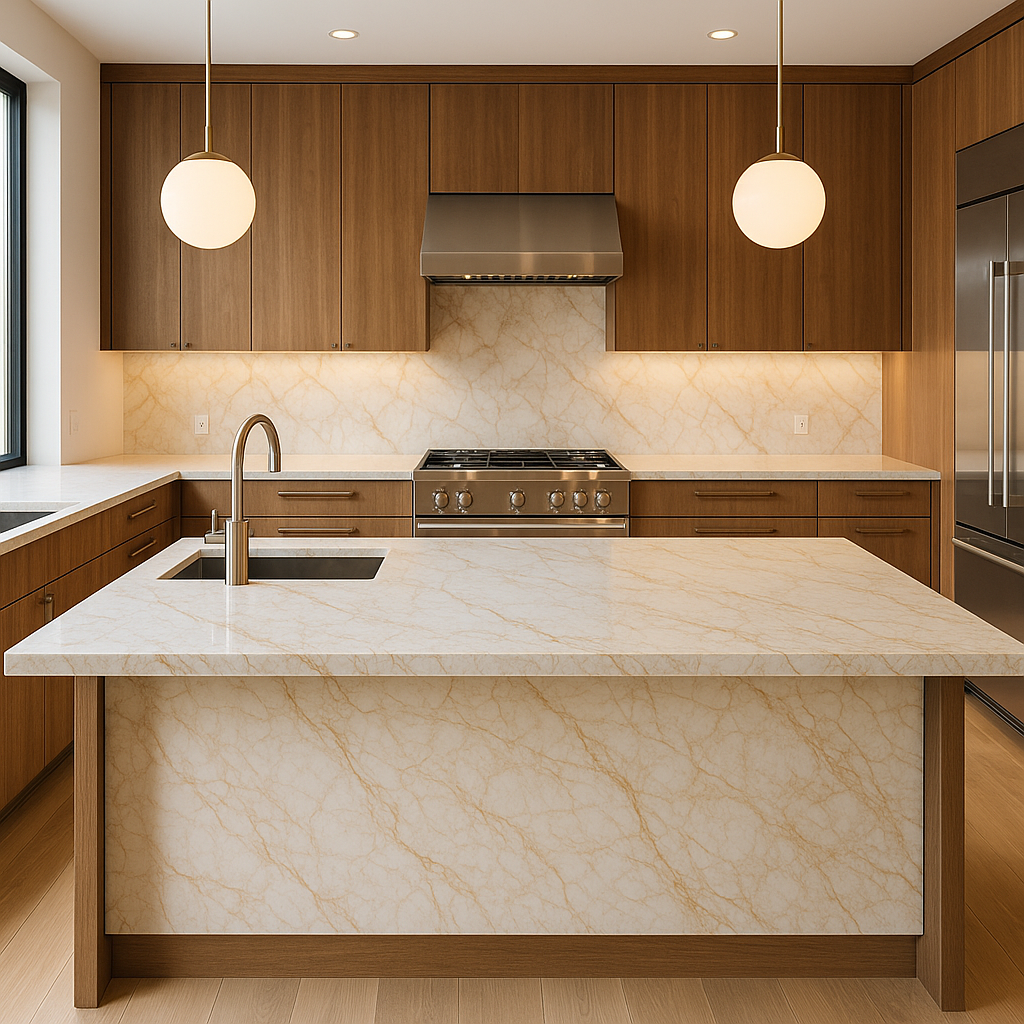 Modern kitchen with wooden cabinets, a marble island, a stainless steel oven, and a marble backsplash. Two pendant lights hang over the island.