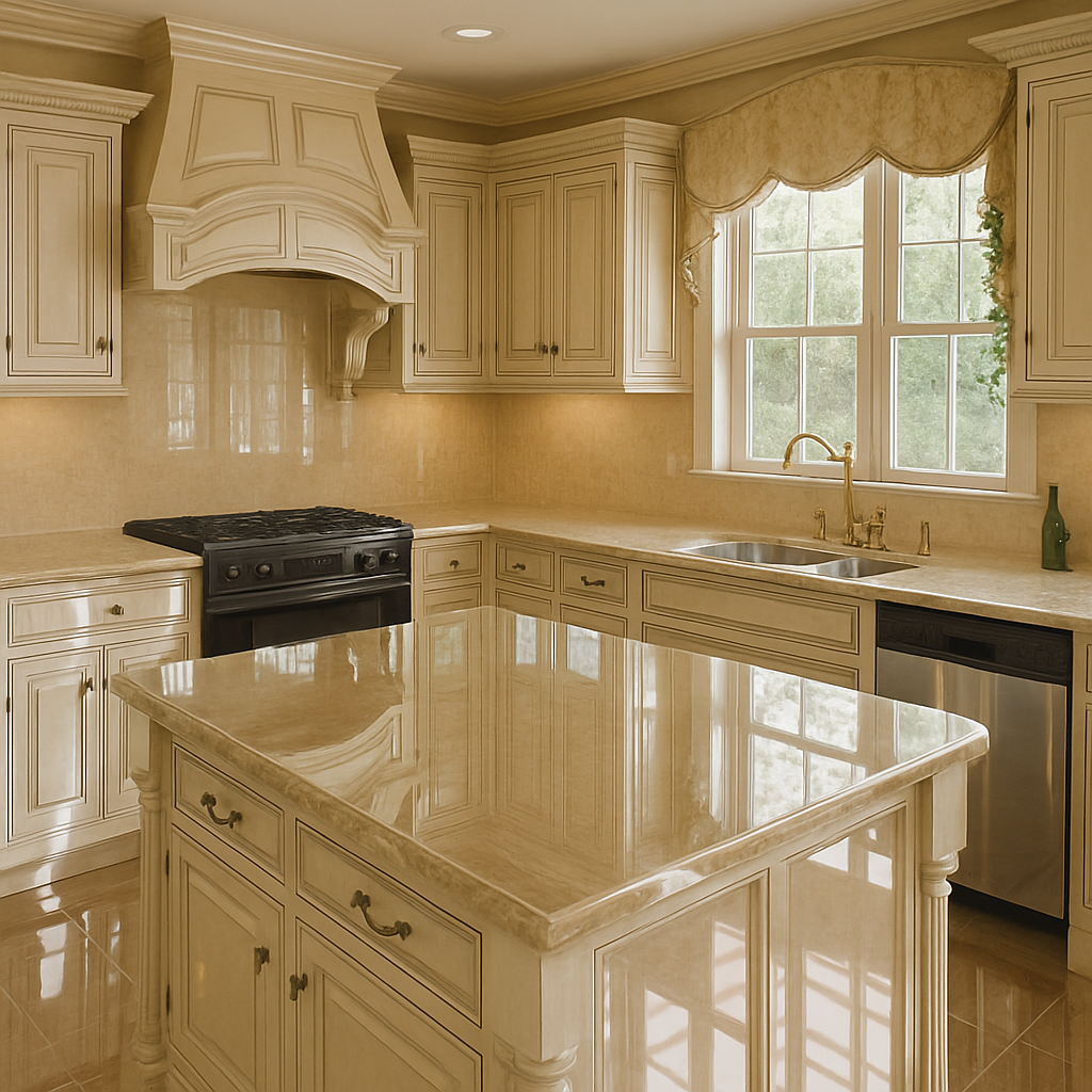 A cream-colored kitchen featuring a central island with a polished marble countertop, a window above the sink with a valance, cream cabinets with gold handles, a black stove with a vent hood, and beige tiled walls and floor.