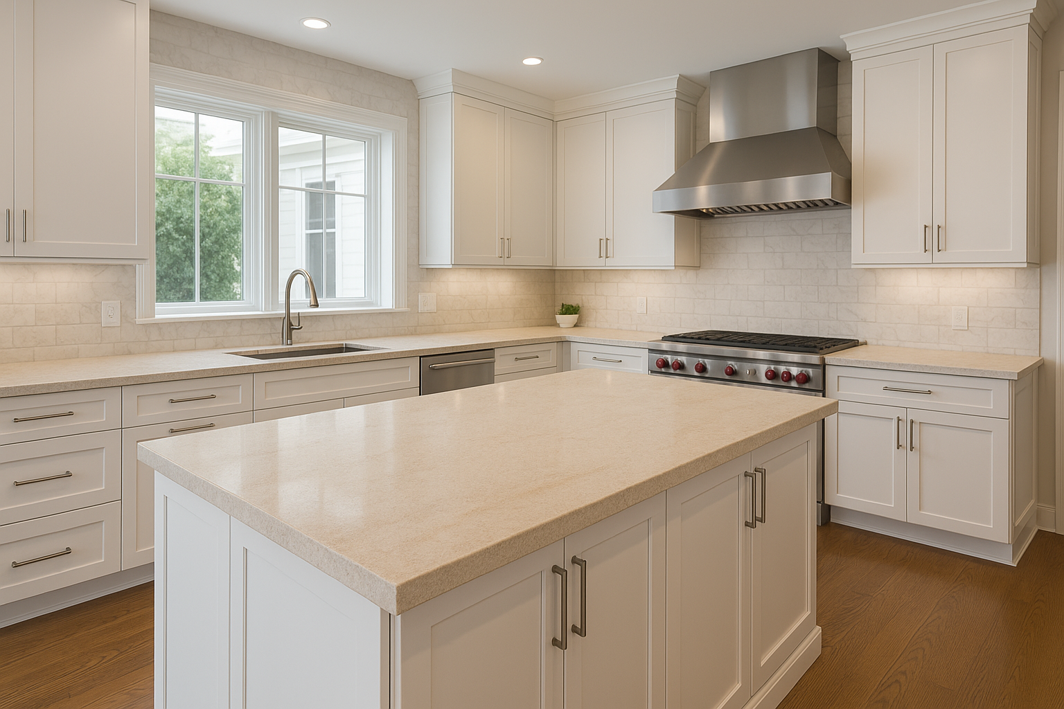 Bright kitchen with white cabinets, beige countertops, a center island, a stainless steel range hood, and a window above the sink.