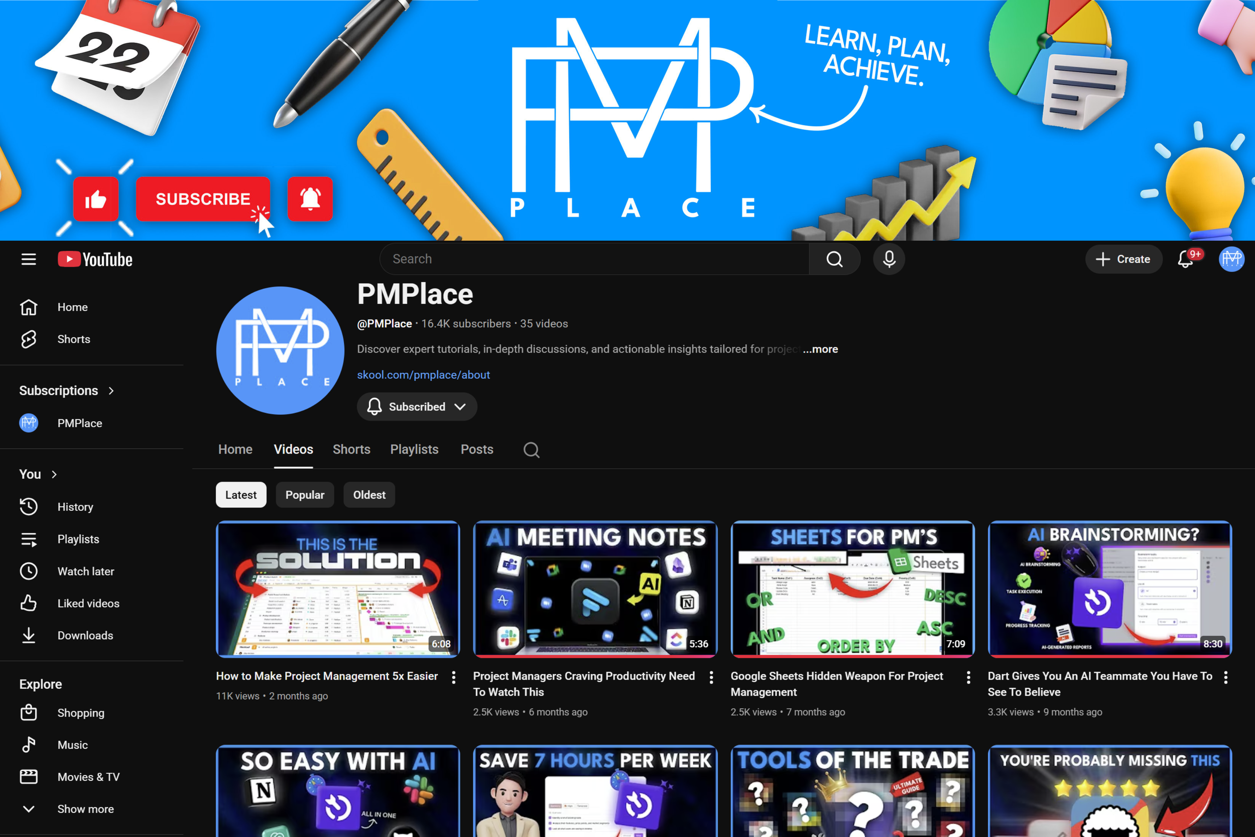 A YouTube channel page for PMPlace featuring various thumbnails of project management tutorials, with the channel's header showing icons of a calendar, pen, ruler, and light bulb on a colorful background.