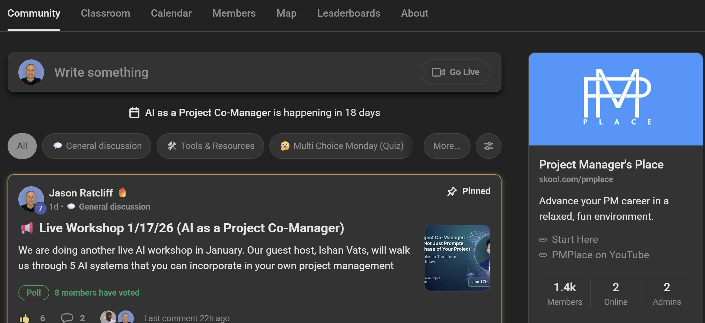Screenshot of Project Manager's Place Skool community advertising a 'Live Workshop 1/17/26 (AI as a Project Co-Manager),' featuring a discussion post by Jason Ratcliff, with a blue logo of Project Manager's Place on the right side.