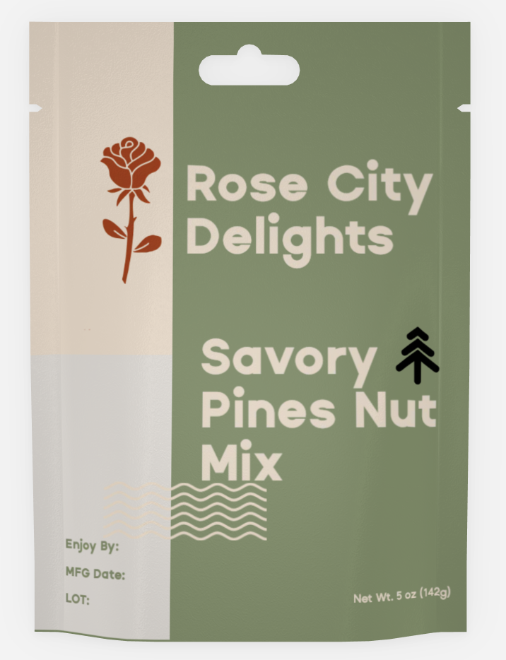 Packaging of Rose City Delights Savory Pines Nut Mix with a green and beige design, featuring a small rose graphic and text indicating product details.