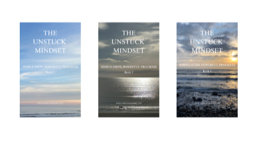 Three book covers titled 'The Unstuck Mindset,' featuring different ocean scenes with varying weather conditions.