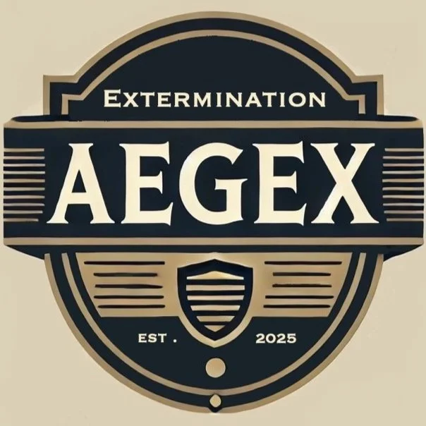 Logo avec l'inscription « Extermination Aegex » et « Est. 2025 » sur un fond beige.