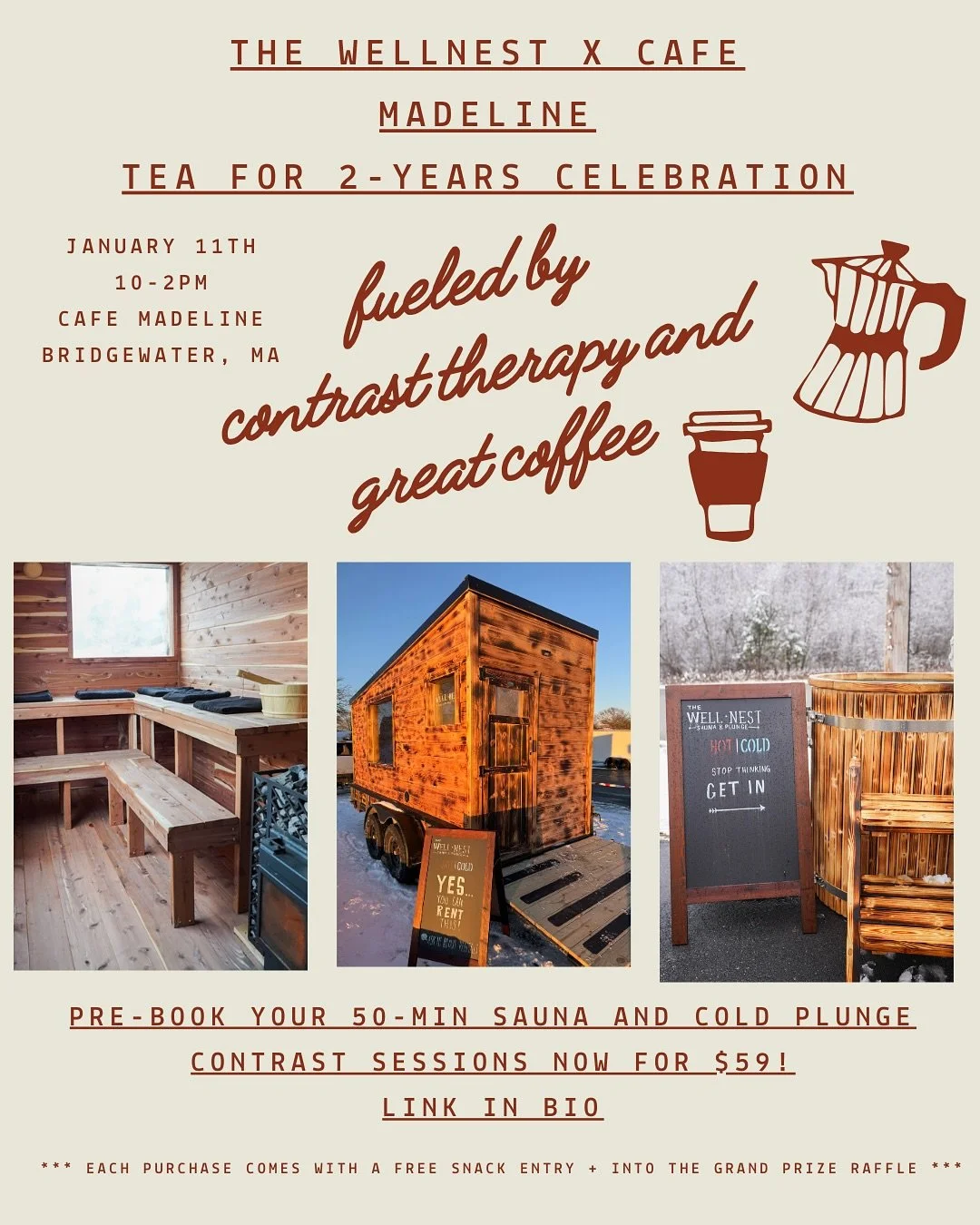 BOOKING IS LIVE!
January 11th | 10&ndash;2pm
Sauna &bull; Plunge &bull; Community
Hosted at @cafe_madeleine__ for their 2 year celebration!!! Come down and show some love Andrea and her crew!

book a session and get a free snack from the cafe as well
