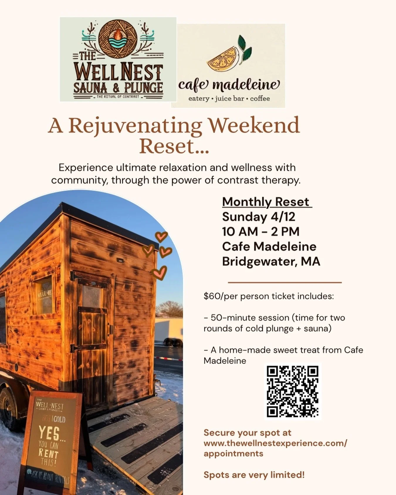 You&rsquo;re next chance to catch @thewellnestsauna  is coming up! Join us on Sunday April 12th from 10am-2pm at @cafe_madeleine__  for our monthly reset sesssions!

Your 50-minute session gives you ample time for two rounds through the hot and cold.