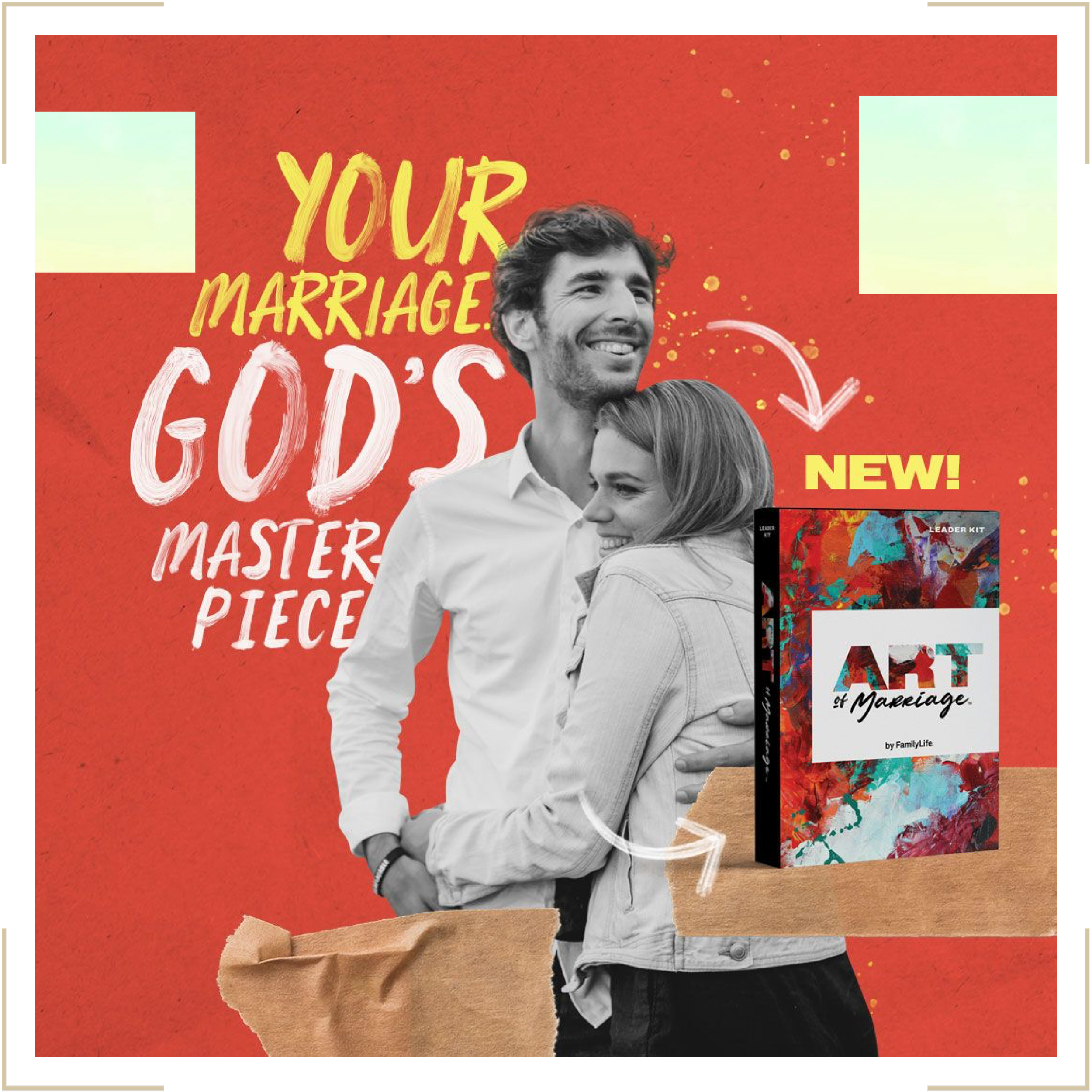 Promotional image for a marriage art masterclass by FamilyLife, featuring a smiling couple hugging, with bold text promoting the program and a kit on the right side.