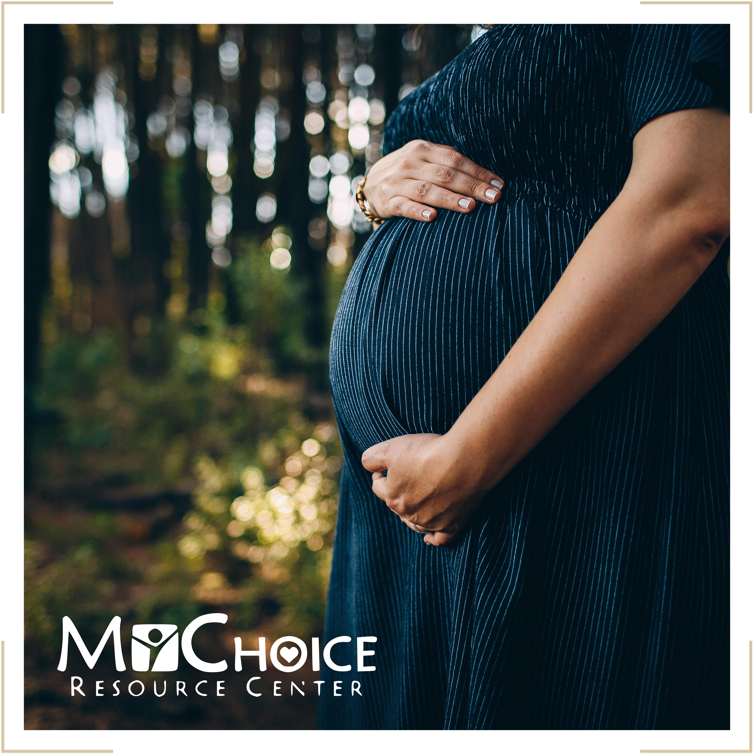 A pregnant woman in a dark blue pinstriped dress holding her belly with both hands in a forest setting with blurred trees and sunlight