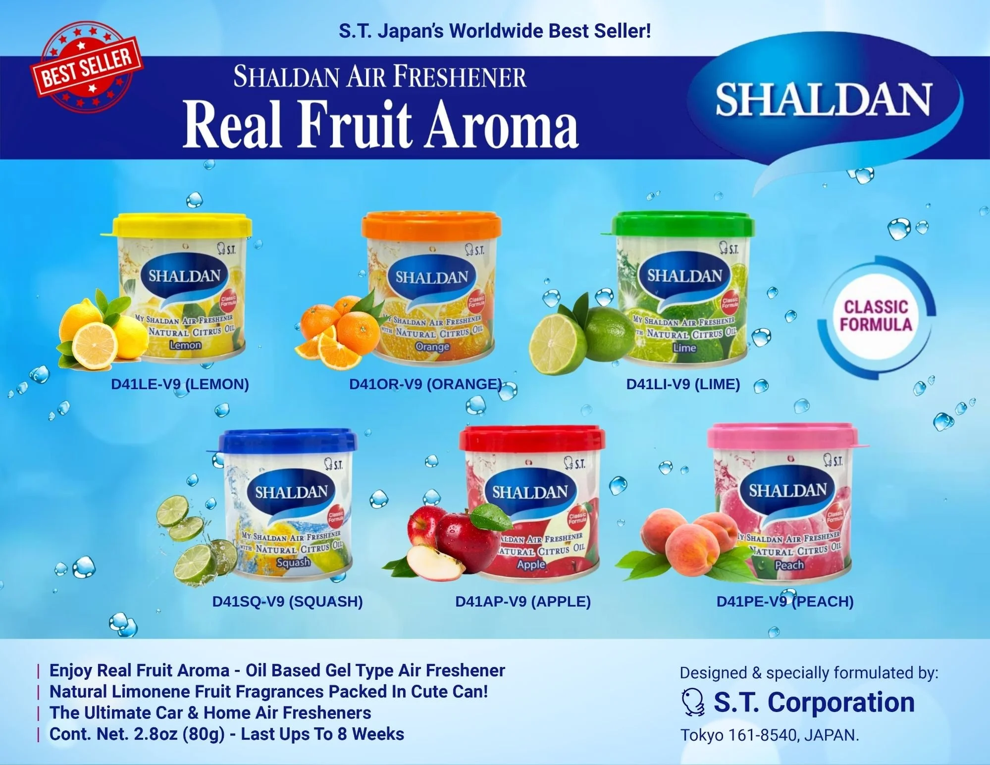 Shaldan V9 Real Fruit Aroma air freshener brochure featuring six fragrances.