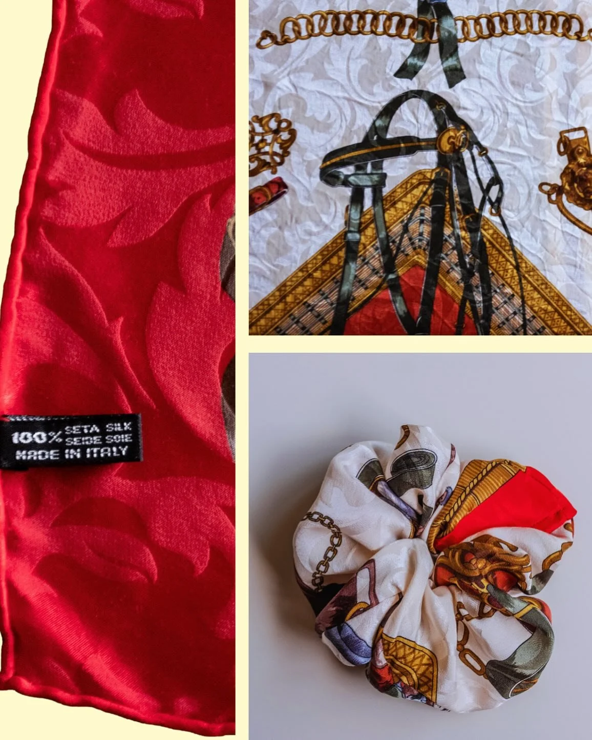 Gold chains, bridles, and bold reds &mdash; this vintage Italian scarf was made to turn heads. Now, it lives on as a one-of-a-kind scrunchie, handcrafted from 100% silk and reimagined with intention✨💕🐴
#nouersilk #timelesstextiles #luxuryhair #reim