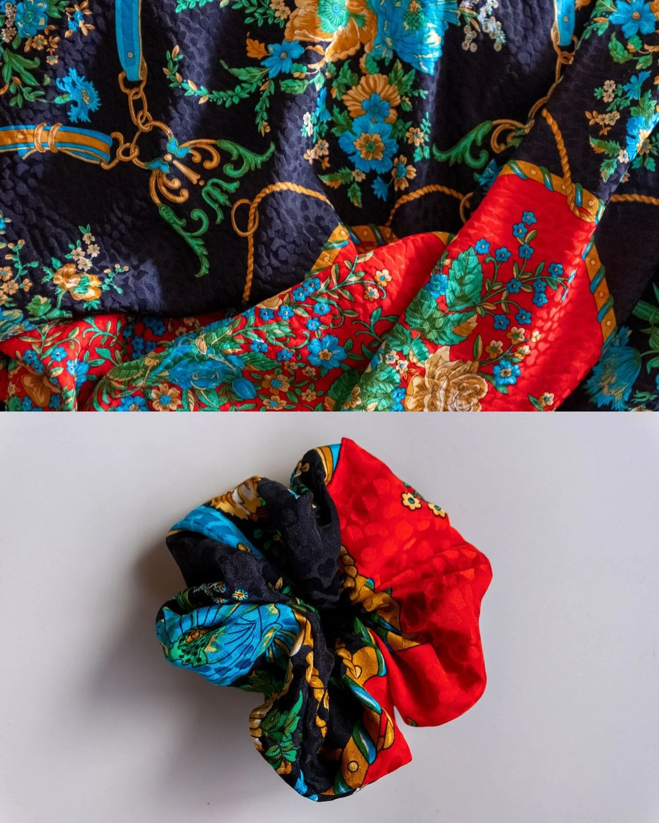 From scarf to scrunchie&mdash;every piece begins with a story. ✂️✨Coming Soon a silk story tied up in florals, gold chains, and a whole lot of ✨main character energy✨Handmade in LA using upcycled designer silk. No two are ever the same&mdash;because 