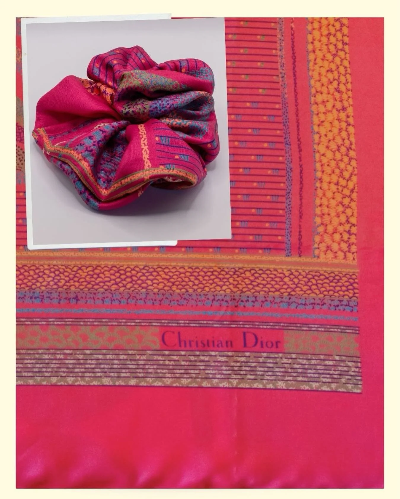 Can we talk about these colors? Vintage Dior Silk in perfect pinks, honestly, I would frame it if I wasn&rsquo;t wearing it. 
#nouersilk #silkscrunchies #christiandior