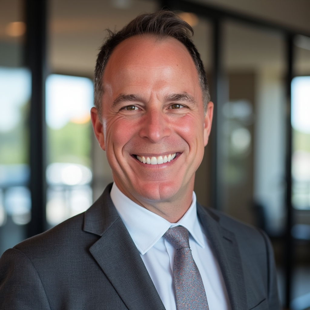 Headshot of a smiling man in a business suit and tie, indoors with windows and blurred background.