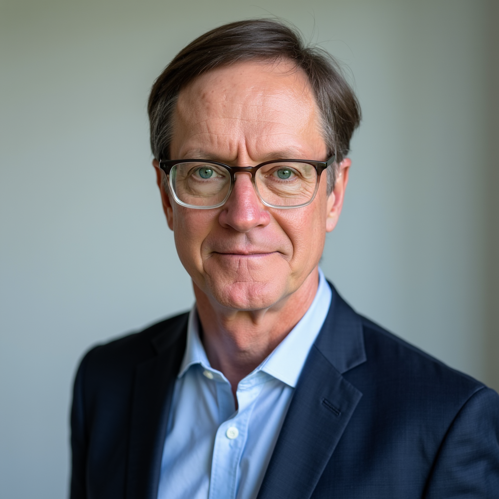 A middle-aged man with glasses, wearing a dark suit and light blue shirt, looking directly at the camera with a neutral expression.