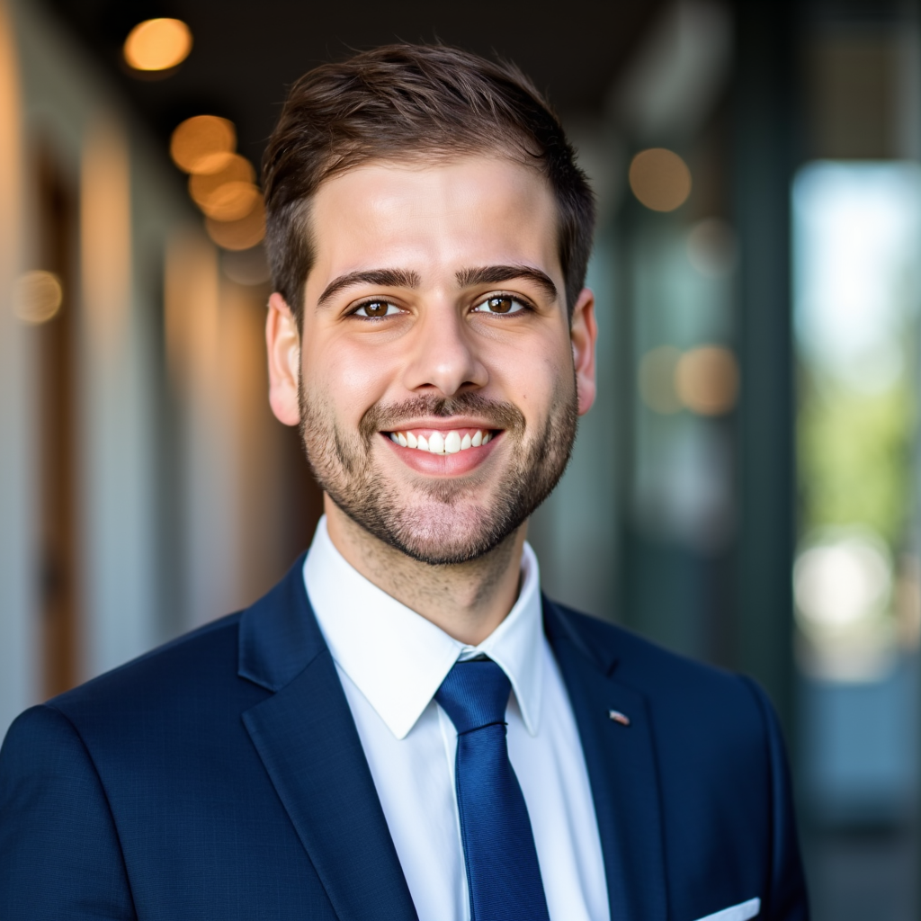 A young man in a navy blue suit, white shirt, and blue tie smiling confidently in an indoor setting with warm bokeh lights and windows in the background.