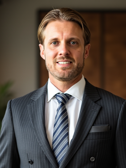A man in a navy blue suit and light blue dress shirt smiling with arms crossed in a library or office setting.