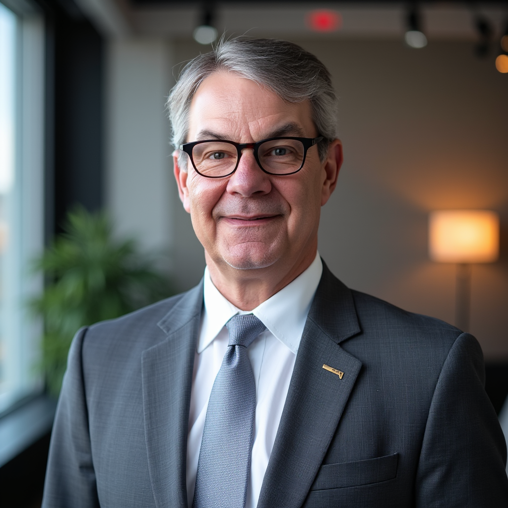 A middle-aged man with gray hair, glasses, wearing a gray suit, white shirt, and a light gray tie, smiling in a well-lit office with a plant and a lamp in the background.