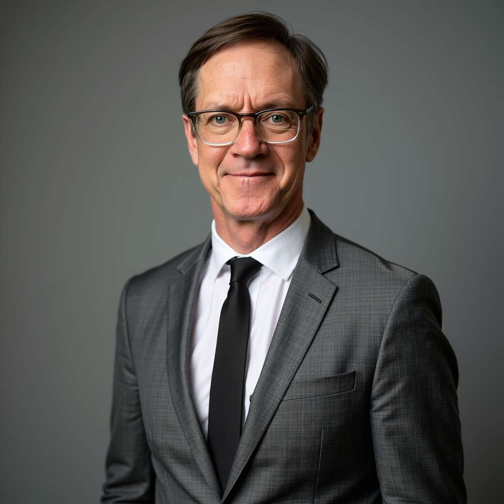 A middle-aged man wearing a gray plaid suit, white shirt, black tie, and black-rimmed glasses, posing against a neutral gray background.