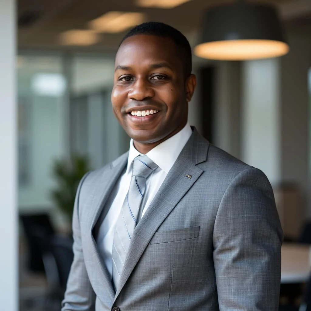 A confident man in a gray suit and tie smiling in a professional office setting.