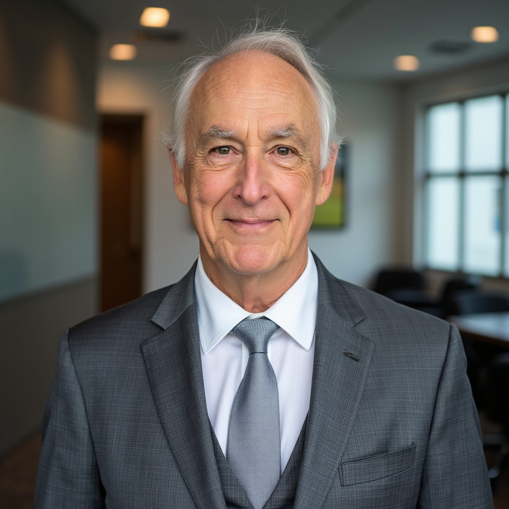 An elderly man in a gray suit and tie smiling in a modern office setting.