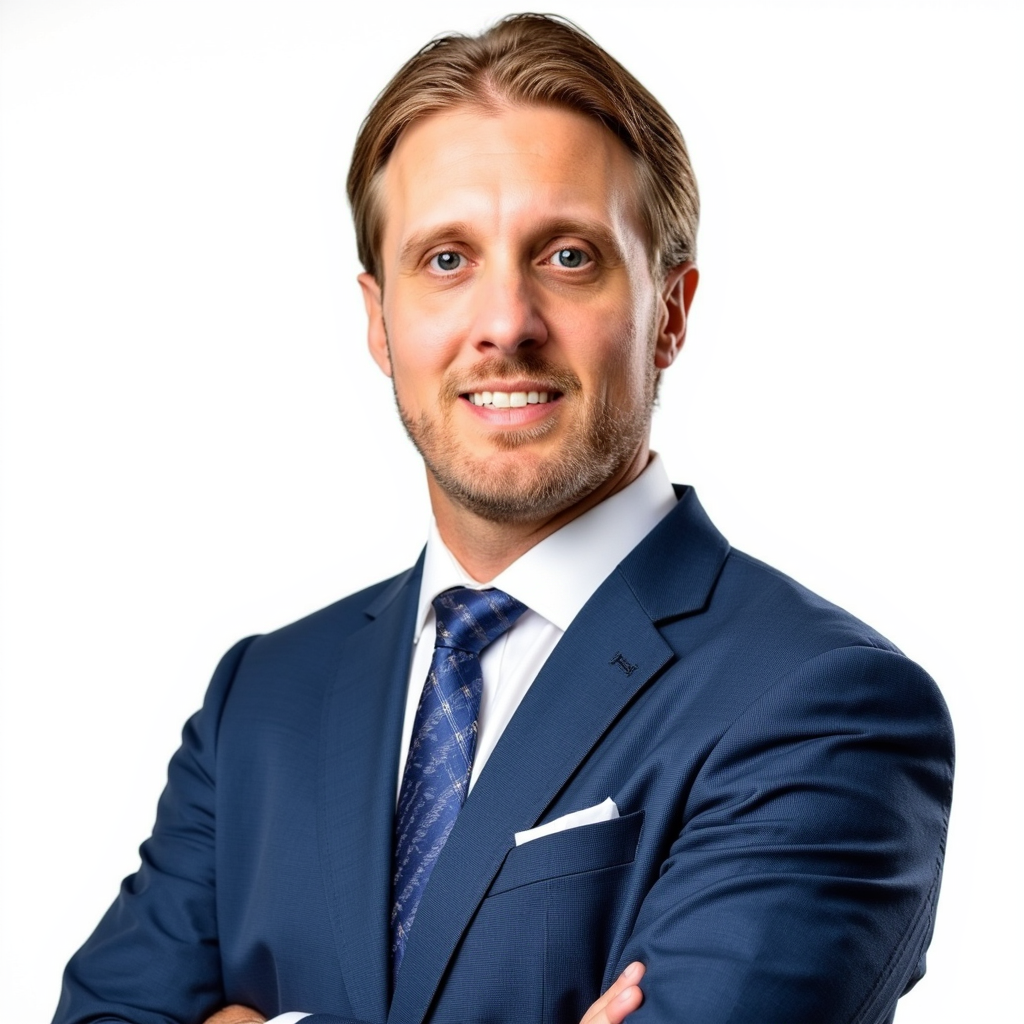 A professional man with light brown hair, blue eyes, and a light beard, wearing a navy blue suit, white dress shirt, patterned blue tie, and a white pocket square, smiling with arms crossed against a white background.