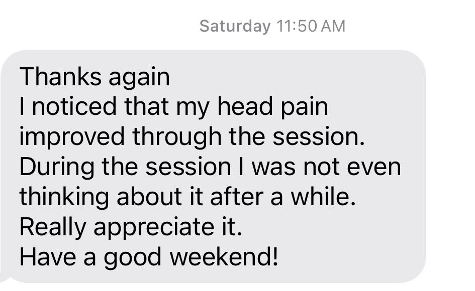 Screenshot of a messaging app conversation on Saturday at 11:50 AM, expressing gratitude for improved head pain and wishing a good weekend.