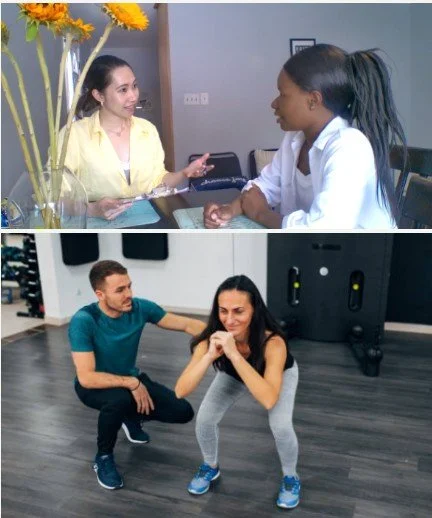 Two women having a conversation at a desk in an office setting, and a man and woman working out together in a gym. The office woman wears a yellow blazer, and the other wears a white shirt. The gym woman wears gray leggings and blue sneakers, and the man is in a blue T-shirt and black pants.
