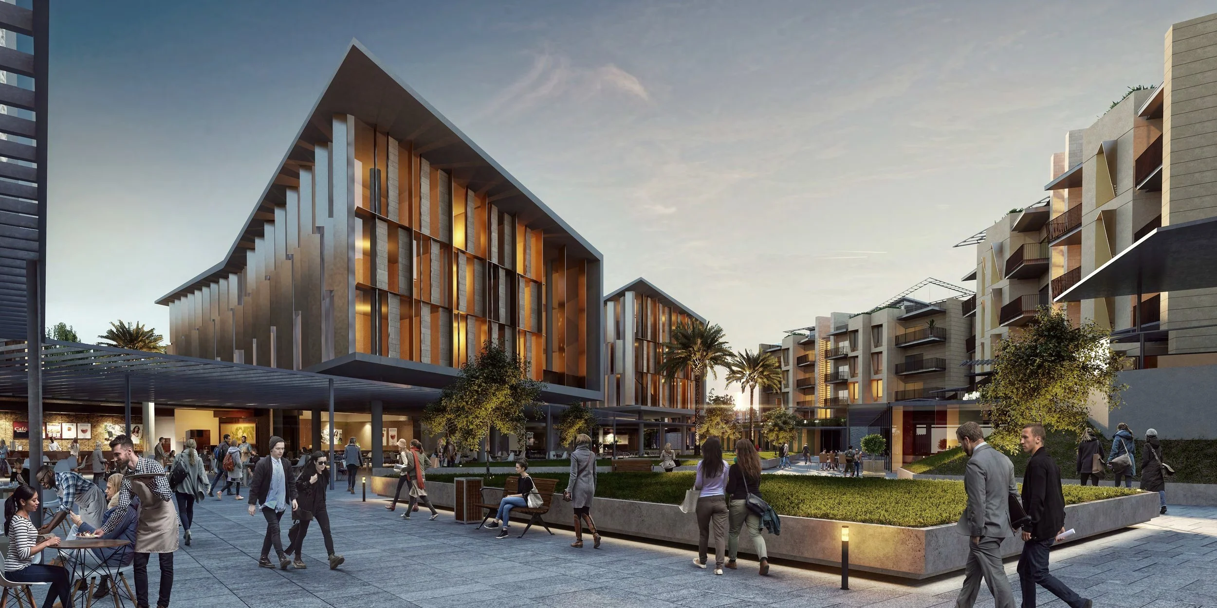 Modern urban plaza with people walking, sitting, and socializing, surrounded by contemporary buildings with large windows and balconies, palm trees, and landscaped green areas, during sunset.