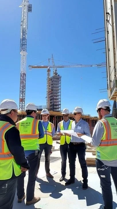 Group of construction professionals in hard hats and safety vests discussing plans on a construction site with a crane and high-rise building under construction in the background.