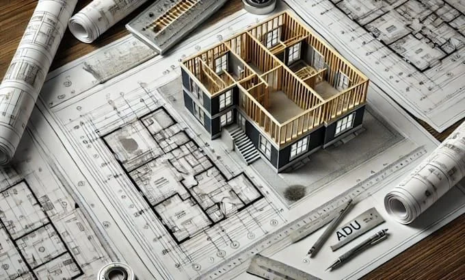 A scale model of a house under construction placed on architectural blueprints, surrounded by rolled-up plans, measuring tools, and drafting supplies.