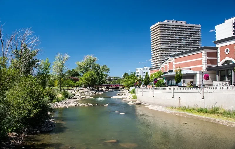 Riverwalk District Cityscape with a river, trees, high-rise buildings, and colorful flowering plants along a sidewalk