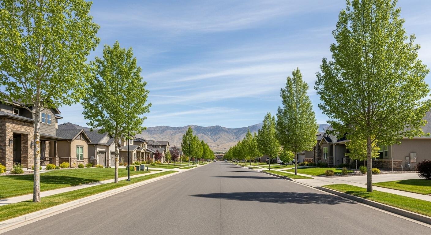 Bella Vista Ranch Residential neighborhood with single-family houses, sidewalk, and green trees lined along the street, with mountains visible in the background.