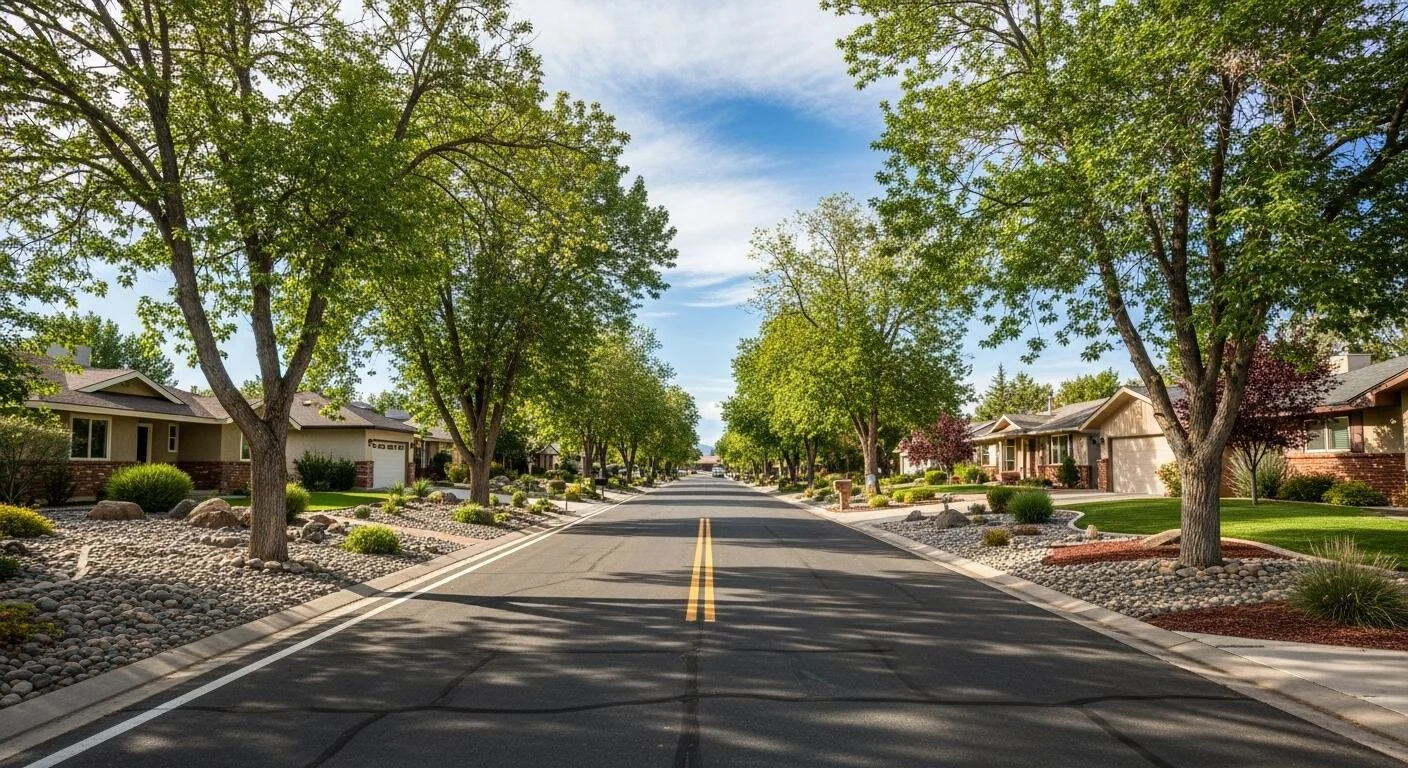 Sierra Highlands A quiet residential street lined with green trees, houses with manicured lawns, and rock landscaping under a clear blue sky.