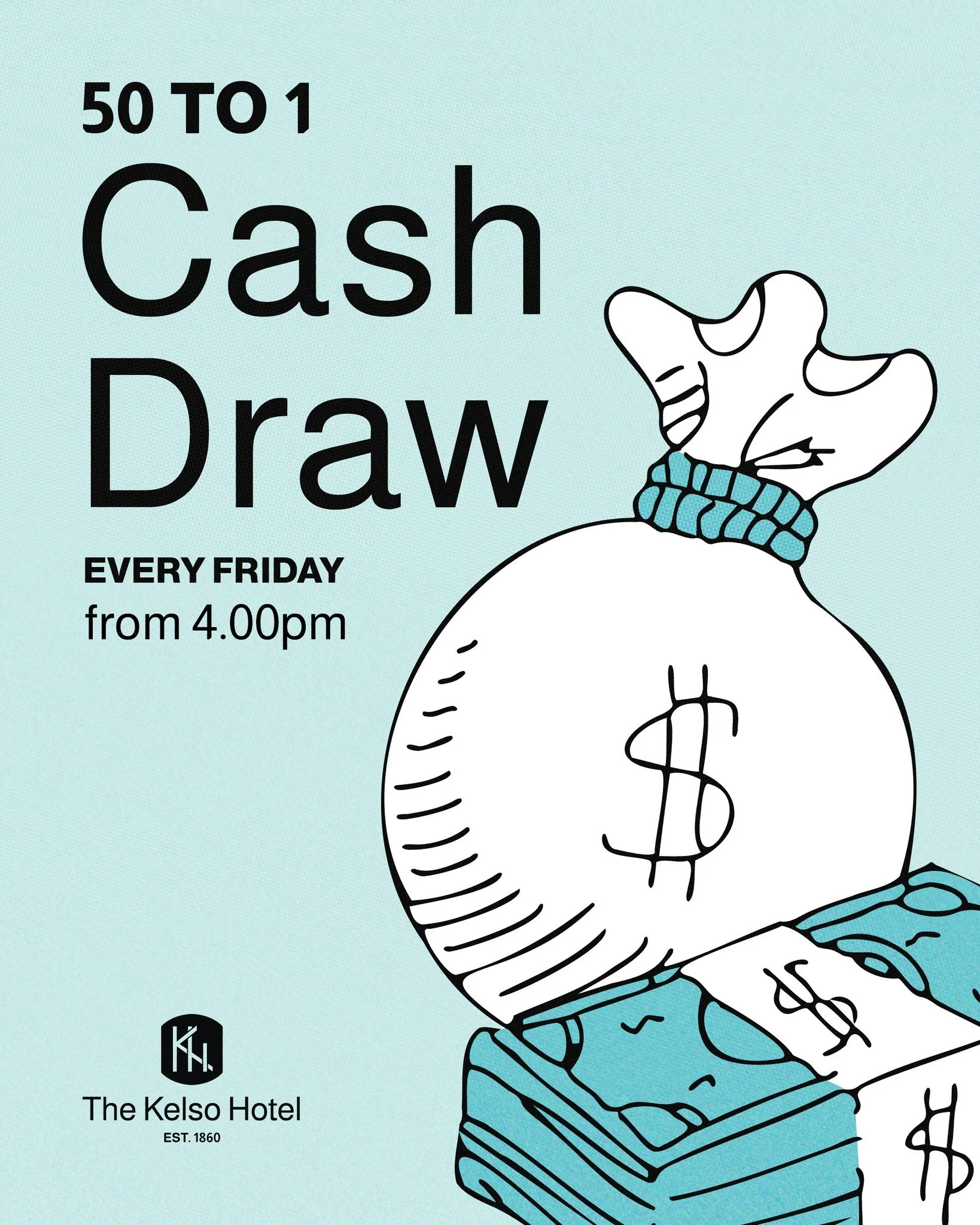 🎉 NEW: 50 to 1 Cash Draw starts FRIDAY 5 SEPTEMBER at The Kelso! 🎉

How it works:
- Buy any beverage on Fridays between 4&ndash;6pm to receive a ticket into the draw. 1 drink = 1 ticket.
- 6pm ticket draw: the winner of the ticket draw picks a numb