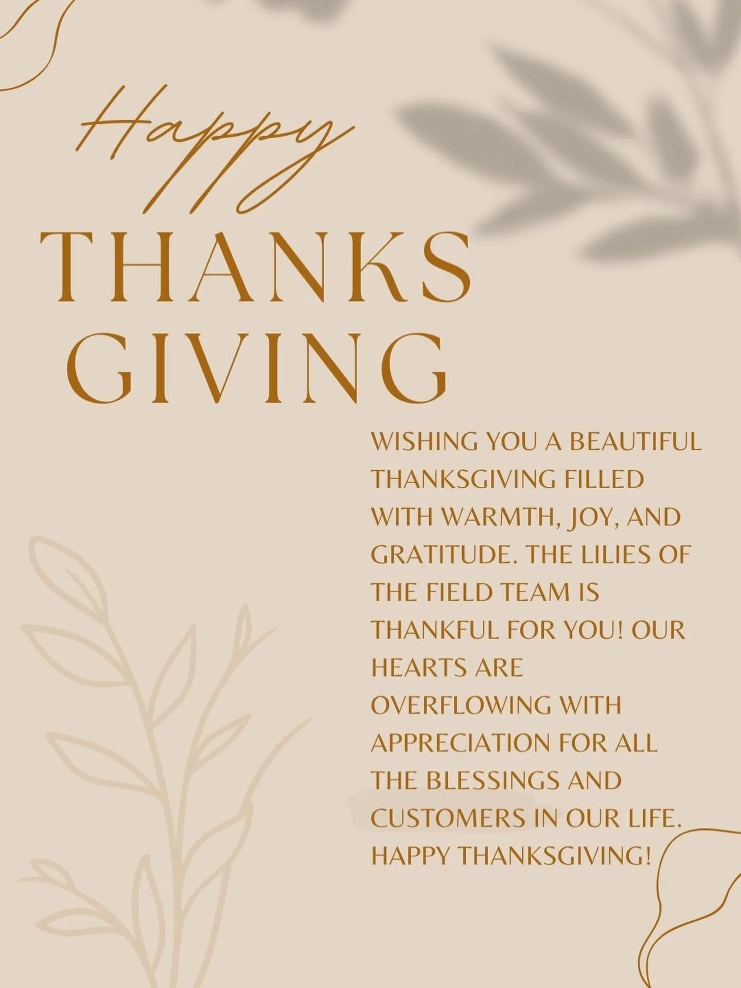 Happy Thanksgiving from the Lilies of the Field team! We are thankful for all of you!