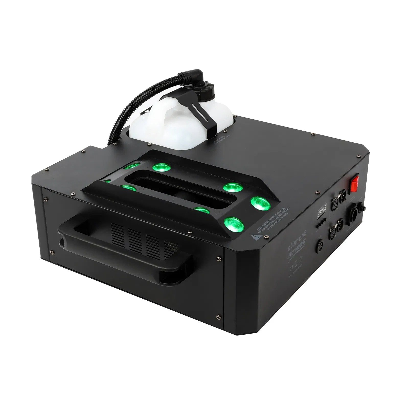 A laser engraving machine with a white water tank, black base, and green indicator lights.