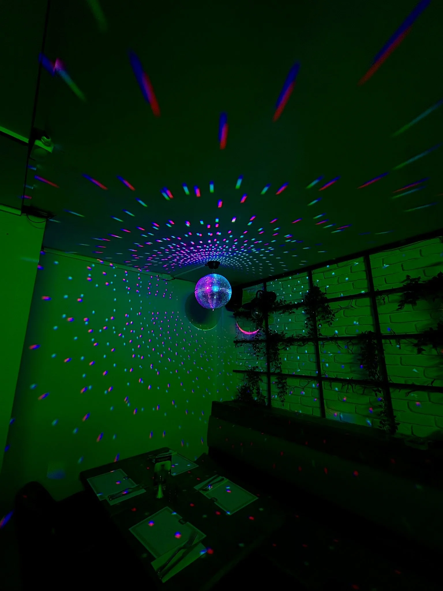 A dark room illuminated by colorful laser lights projecting dots and streaks on the ceiling and walls. A disco ball hangs from the ceiling, reflecting the lights onto the surroundings. A table with place settings and a shelf with plants are visible in the room.