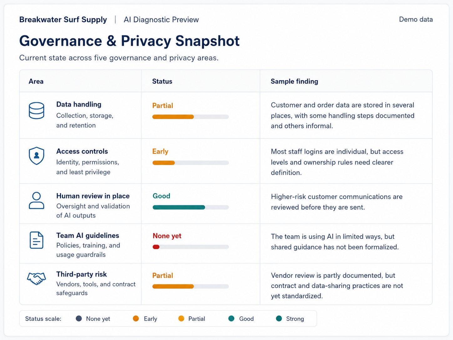 Sample governance and privacy snapshot showing five status areas with None yet, Early, Partial, Good, and Strong bar indicators.
