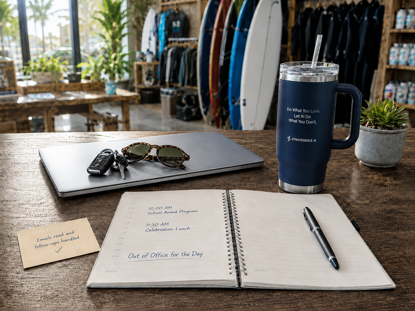 Organized surf shop workspace with a closed laptop, planner, keys, sunglasses, and travel cup showing how AI and automation help an owner-operated business step away from daily admin.