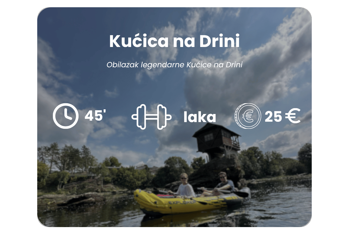 A promotional graphic for kayaking on the Drina River featuring a background image of two people in a yellow kayak on a calm river, with a house on stilts and trees in the background. The overlay contains information about a kayaking tour, including a duration of 45 minutes, a price of 25 euros, and a highlighted activity of kayaking.