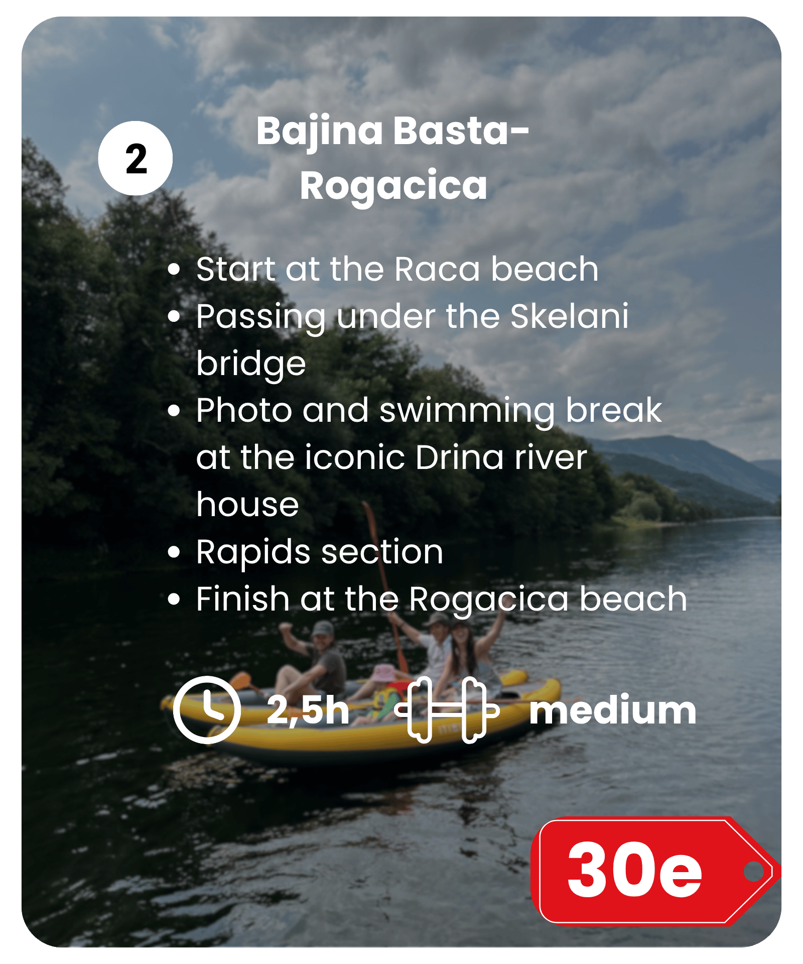 A group of people in a yellow kayak on a river, with a scenic background of trees, mountains, and a cloudy sky.