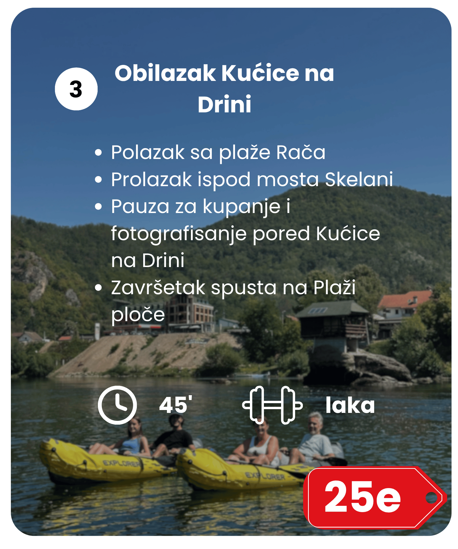 People kayaking on a river with a scenic hilly background under a clear blue sky, and a red price tag showing 25 euros in the lower right corner.