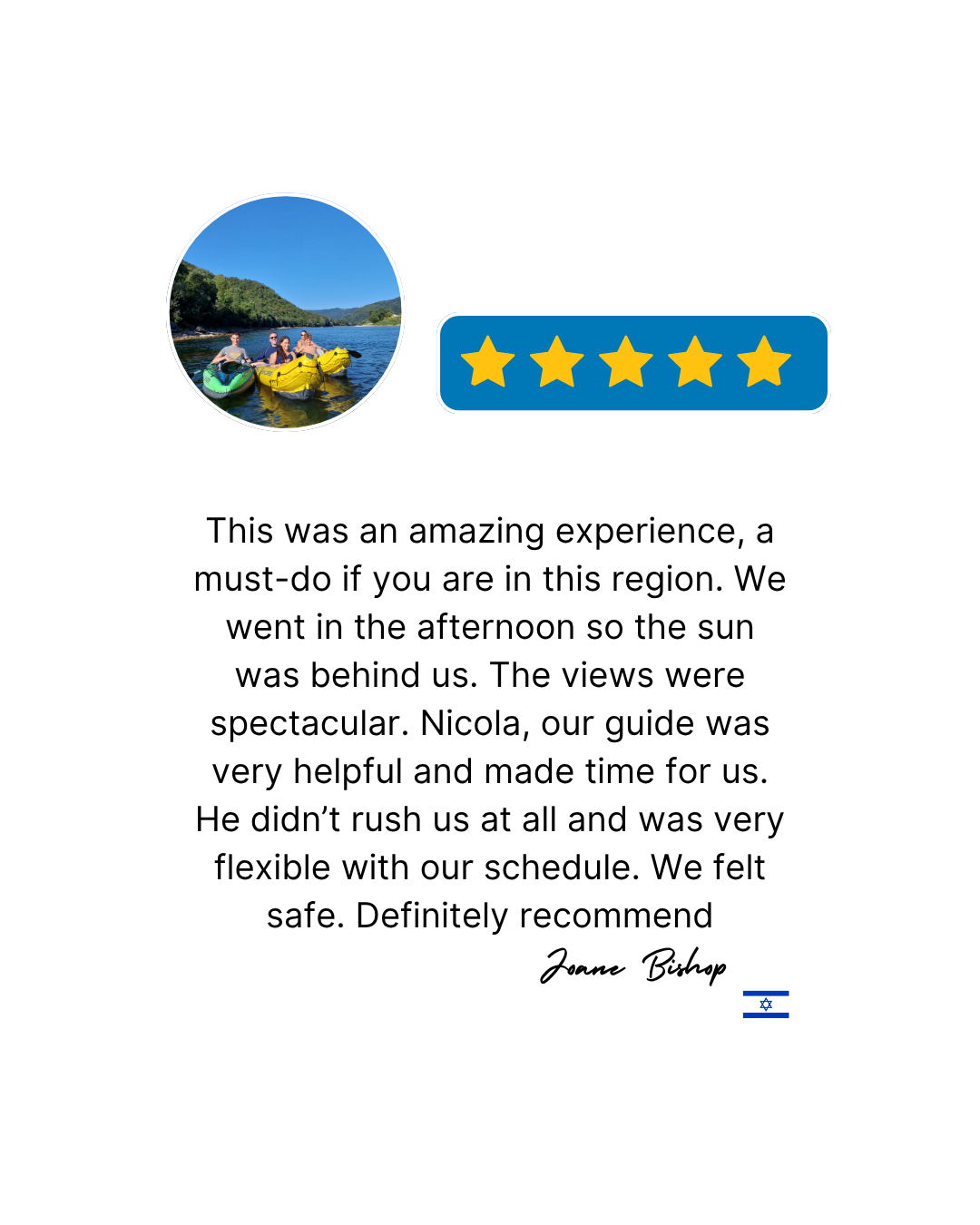Review of a kayaking experience with five-star rating, photo of three people in kayaks on a river against a mountain background, and a customer testimonial praising the guide and the experience.