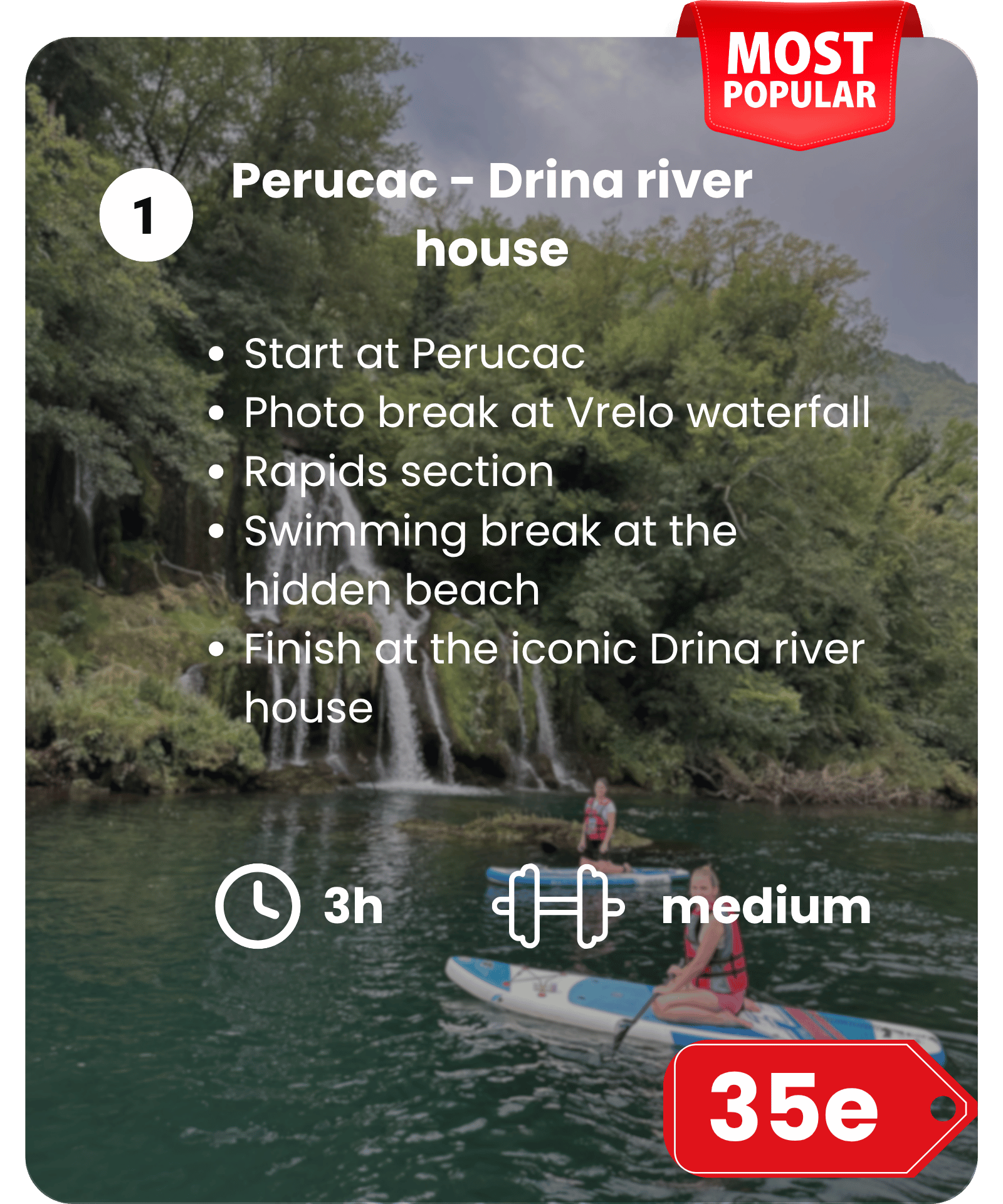A person paddleboarding on a river with a waterfall and lush green trees in the background.