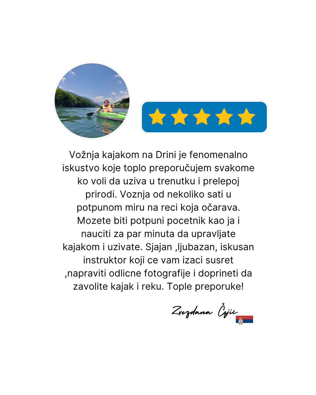 A review for kayaking on Drina River with a five-star rating, including a photo of a woman kayaking in a scenic river surrounded by green trees, and a signature with a small Serbian flag.
