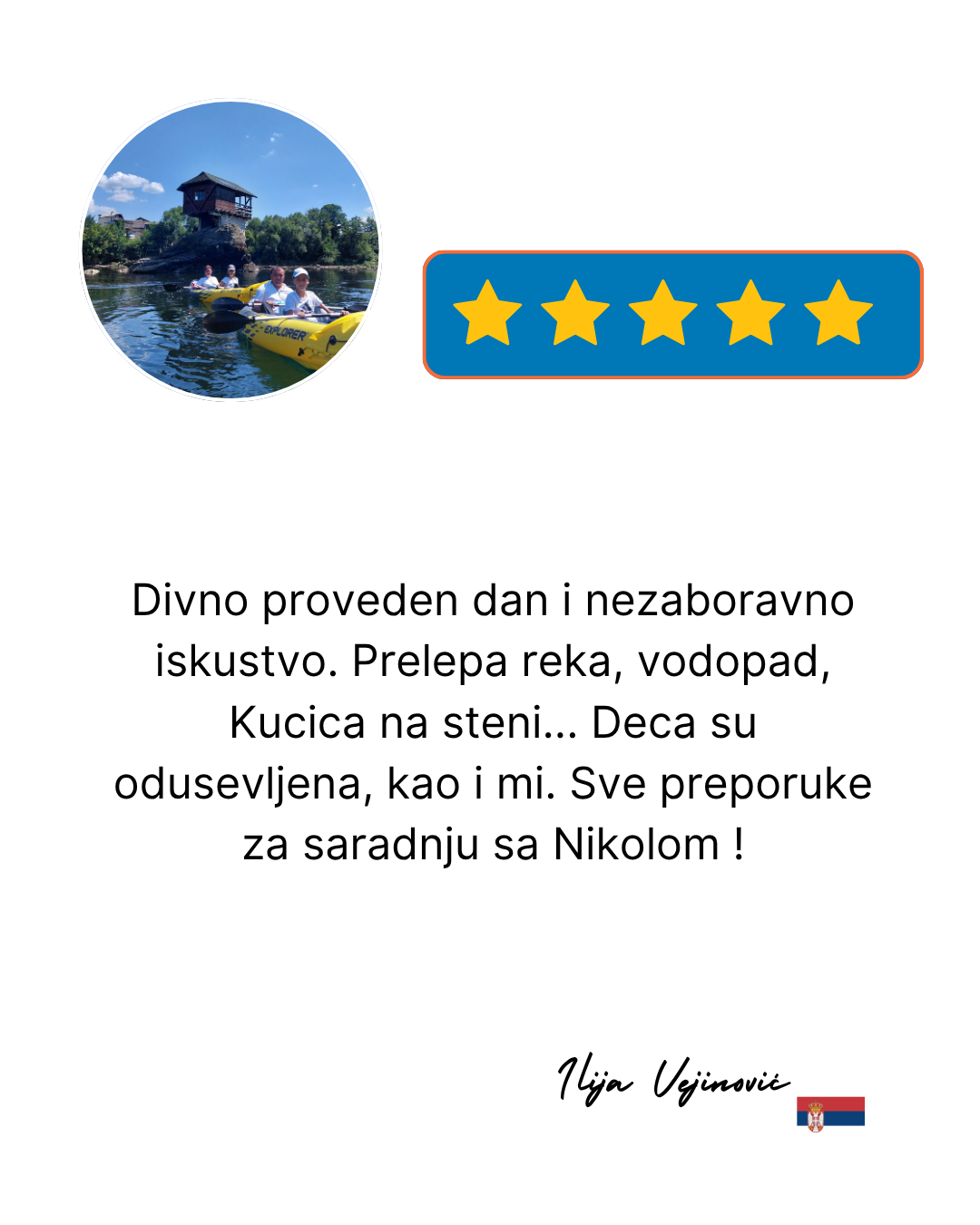 A certificate with a five-star rating, a small circular photo of children kayaking near a wooden house on the water, and text in Serbian promoting outdoor activities like kayaking, river rafting, and wall climbing, signed by Lija Vojinović with the Serbian flag.