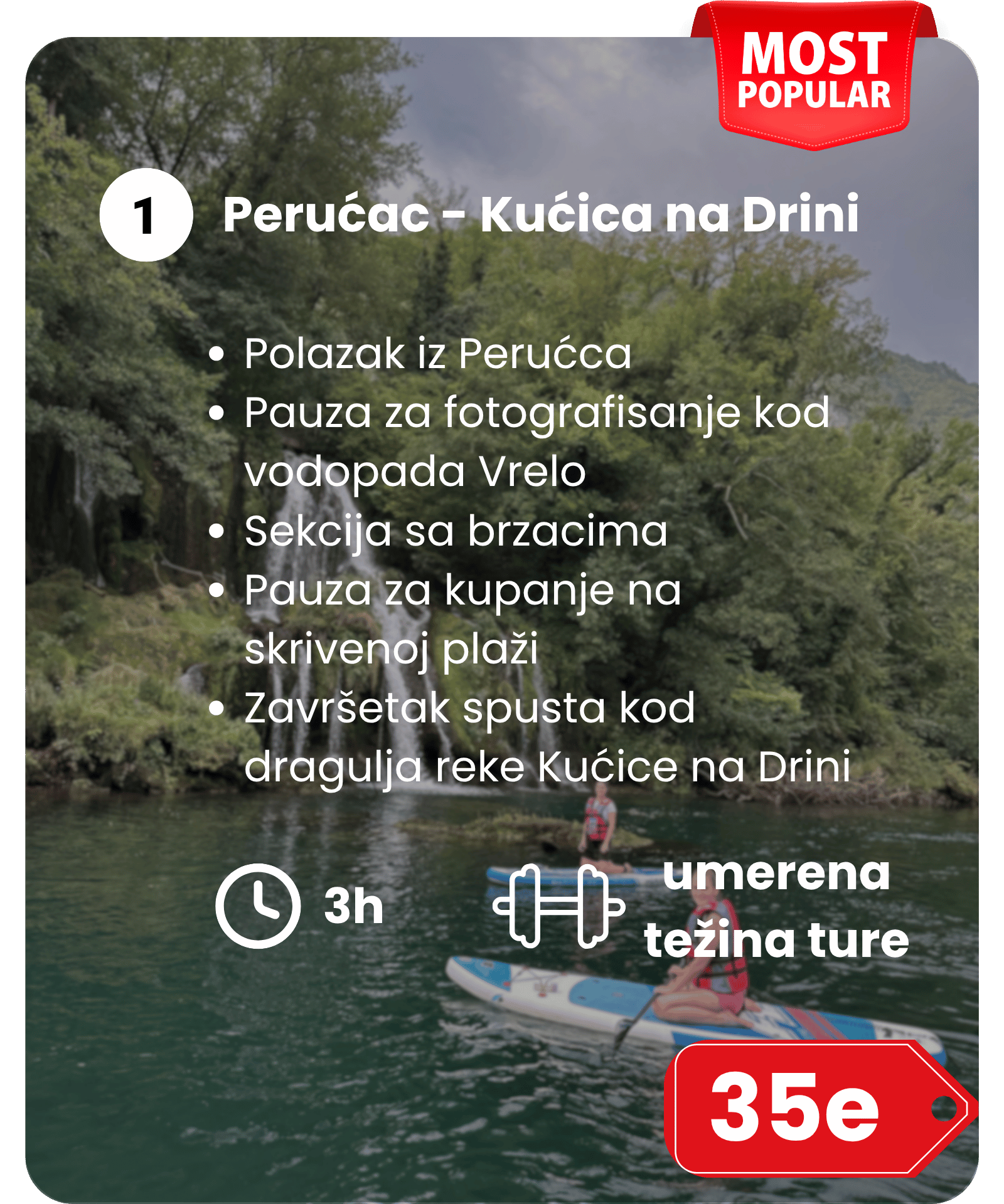 A person paddleboarding on a lake with a waterfall and lush green trees in the background. Overlaid text in a foreign language promoting a travel destination, with a red banner indicating popularity and a price tag.