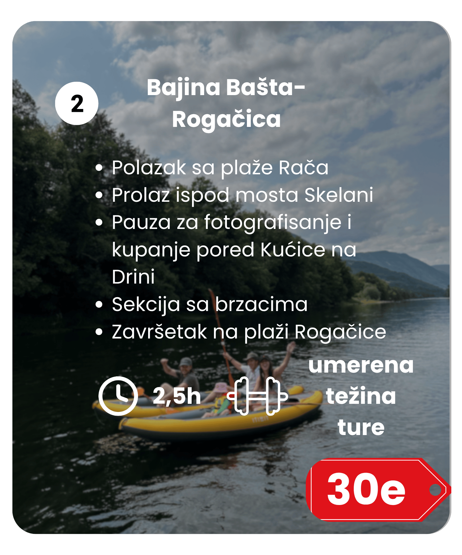 Group of people kayaking on a river with trees and mountains in the background, under a cloudy sky, with overlaid text and icons indicating activity details and price.