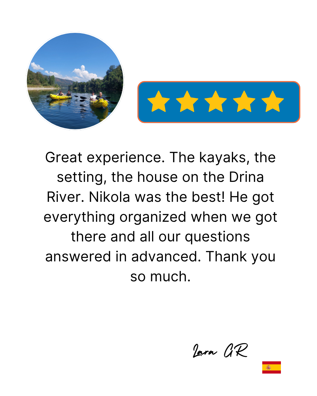 A review with a photo of kayaking on the Drina River, a five-star rating badge, and a handwritten note thanking Nikola for organizing the trip. The review is signed by Lara G R and includes a small Spanish flag.