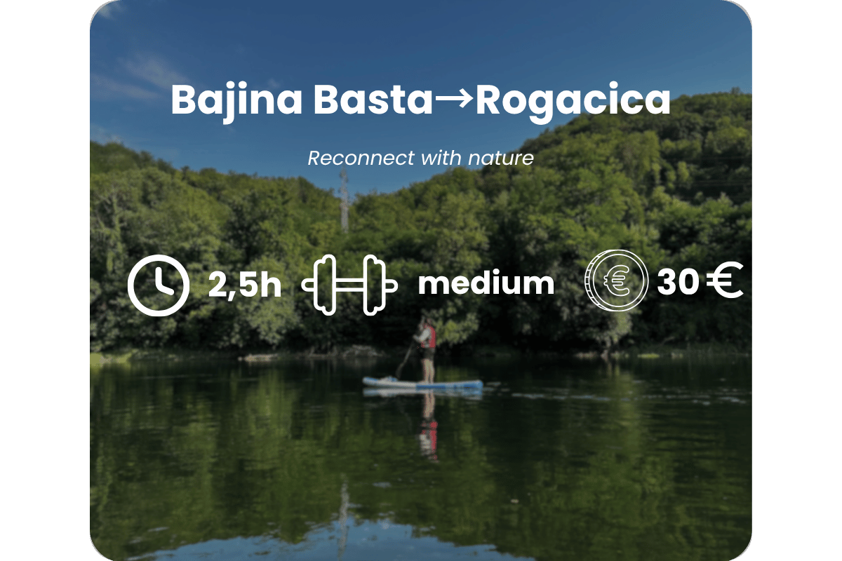A promotional image for a paddleboarding activity from Bajina Basta to Rogacica. The background shows a person paddleboarding on a river with green trees and a blue sky. The text indicates the activity takes 2.5 hours, is of medium difficulty, costs 30 euros, and encourages reconnecting with nature.
